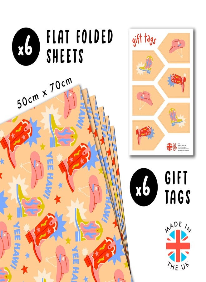 CENTRAL 23 Cowboy Wrapping Paper - 6 Sheets Of Funny Gift Wrap - Yeehaw! - Boots And Hats - For Men Women Boys Girls - Birthday Anniversary Bridal Shower - Recyclable - Image 2
